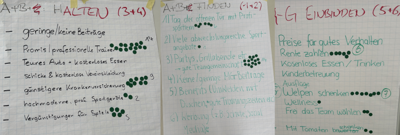 Beispiel f&uuml;r Ergebnispr&auml;sentation: drei Flipcharts mit Finden Halten und Einbinden mit mehreren Ideen, wie zum Beispiel Parties und Profi-Trainer. Daneben kleben Punkte, die mit Zahlen gez&auml;hlt wurden.